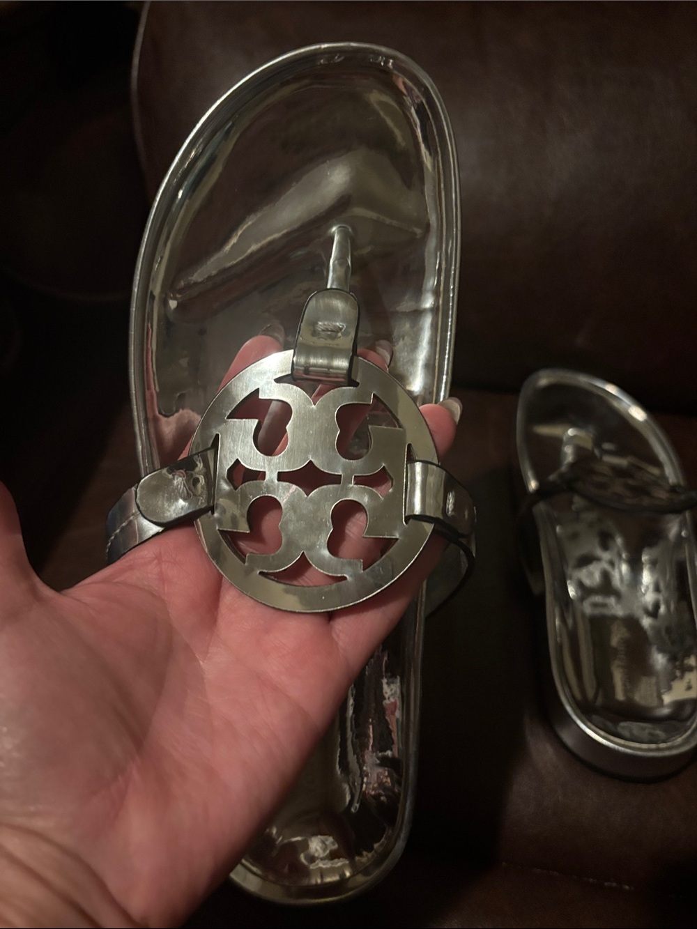 Tory Burch Metallic Silver Logo Thong Sandals - Picture 8 of 10